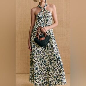 Sezane Floral Halter Maxi Dress in Cream and Blue